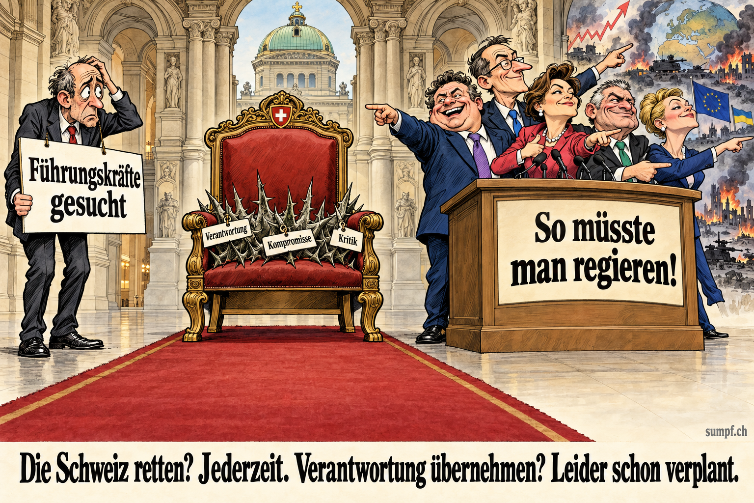 Satire: Ein leerer Bundesratssessel voller Spitzen neben lautstarken politischen Ratgebern.