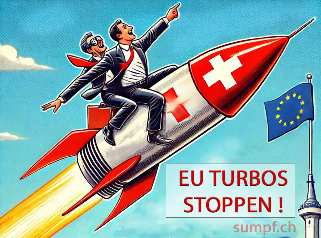 Karikatur: Zwei Anzugträger fliegen auf einer Schweizer Rakete in Richtung einer EU-Flagge.