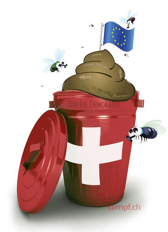 Satire: Ein Schweizer Abfallkübel trägt einen Haufen mit EU-Flagge.