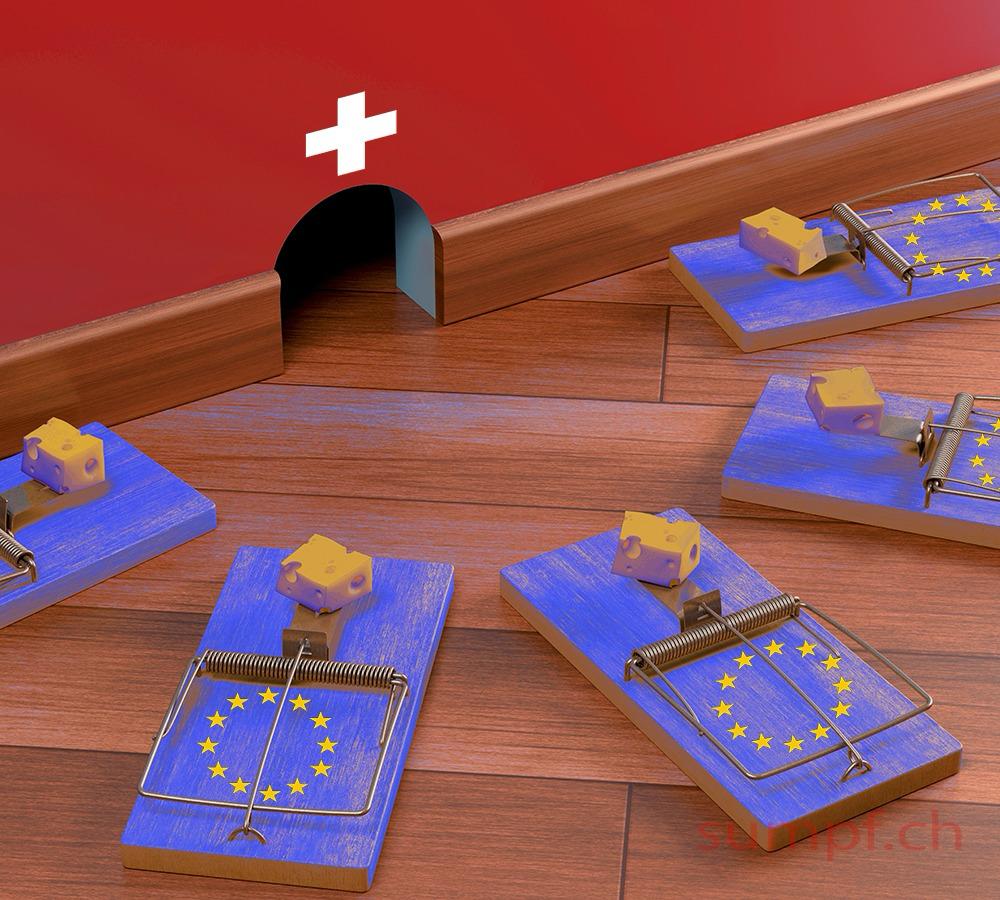 Satire: EU-Mausefallen mit Käse liegen vor einem Schweizer Mauseloch.