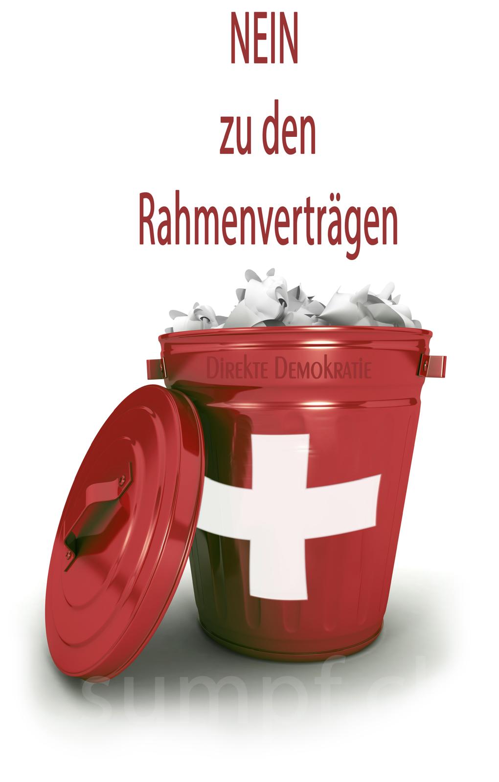 Satire: Ein Schweizer Kübel voller Papier steht unter dem Nein zu Rahmenverträgen.