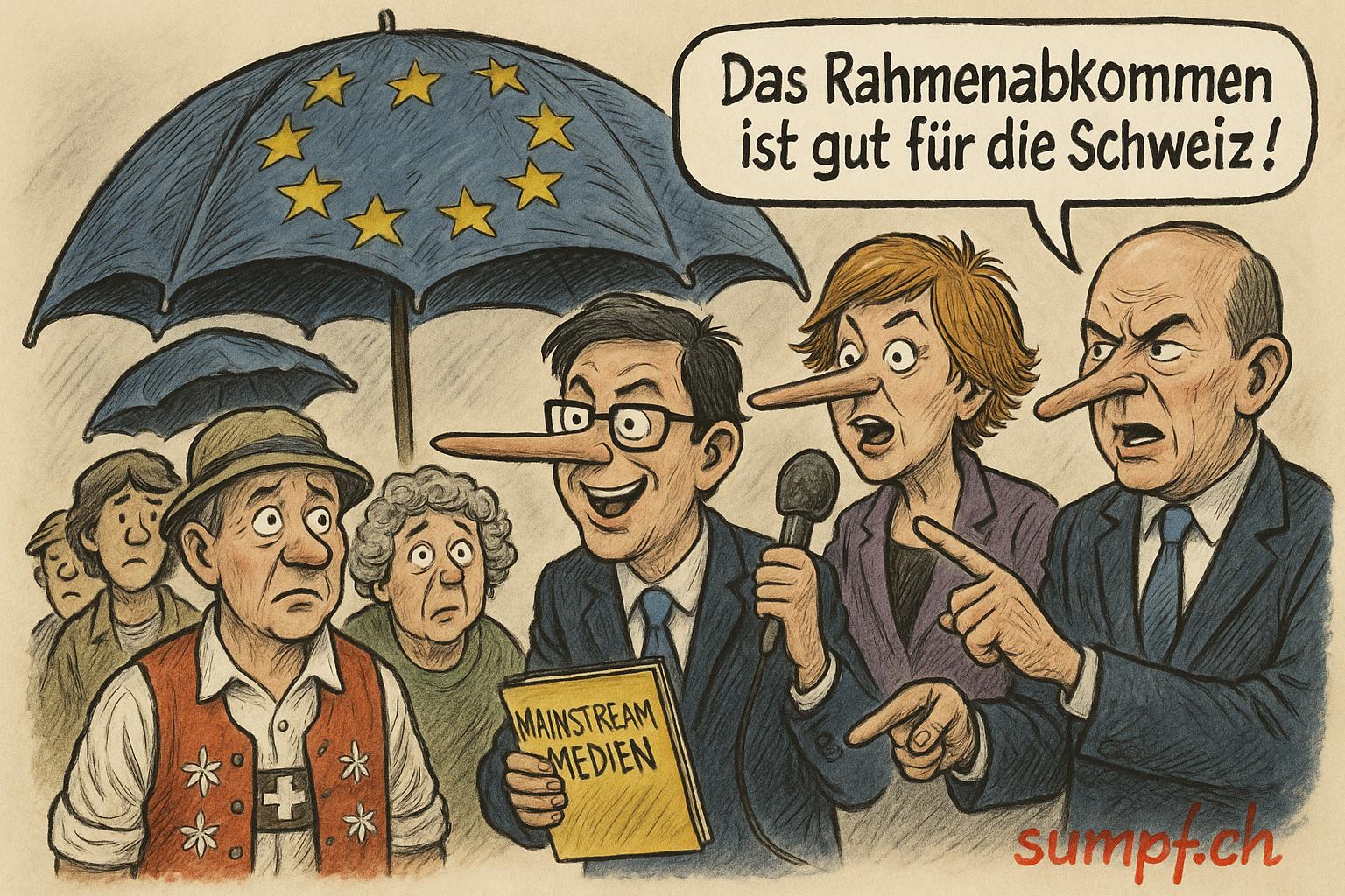 Satire: Figuren mit langen Nasen werben unter EU-Schirmen für das Rahmenabkommen.