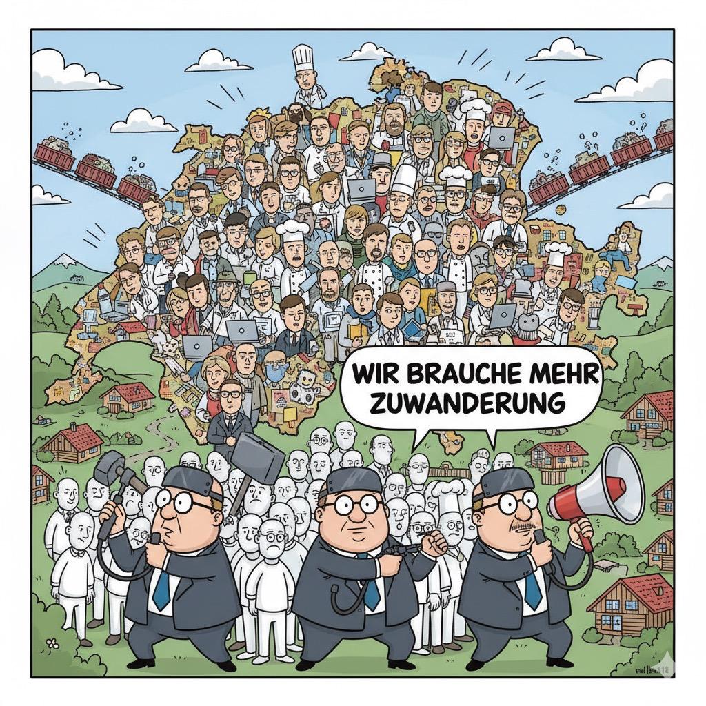 Satire: Drei Anzugträger fordern mehr Zuwanderung vor einer dicht besetzten Schweizer Landkarte.