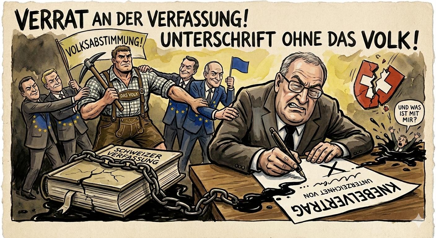 Satire: Ein Politiker unterschreibt neben einer angeketteten Schweizer Verfassung.