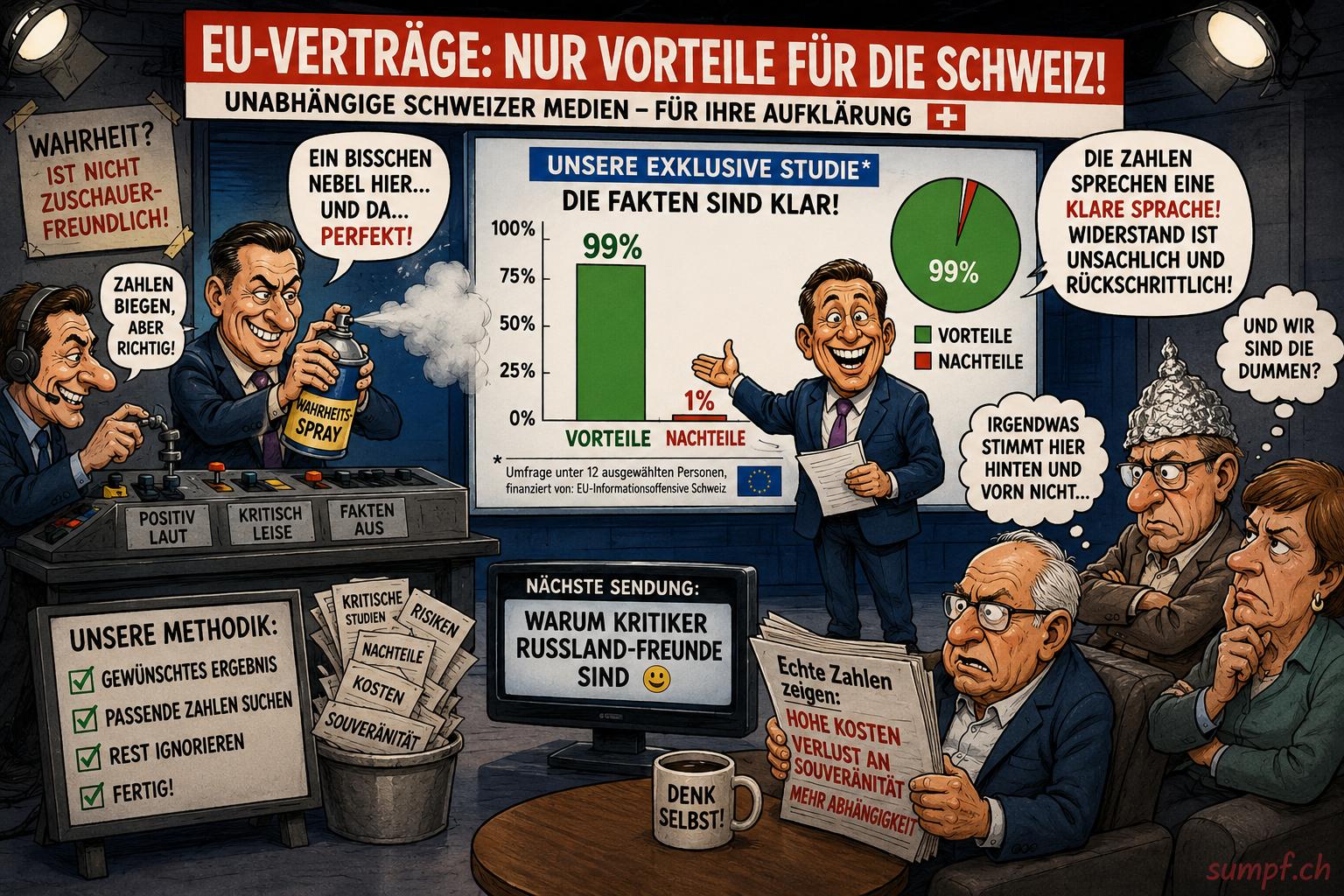 Satire: Ein Studio präsentiert 99 Prozent EU-Vorteile und entsorgt kritische Unterlagen.