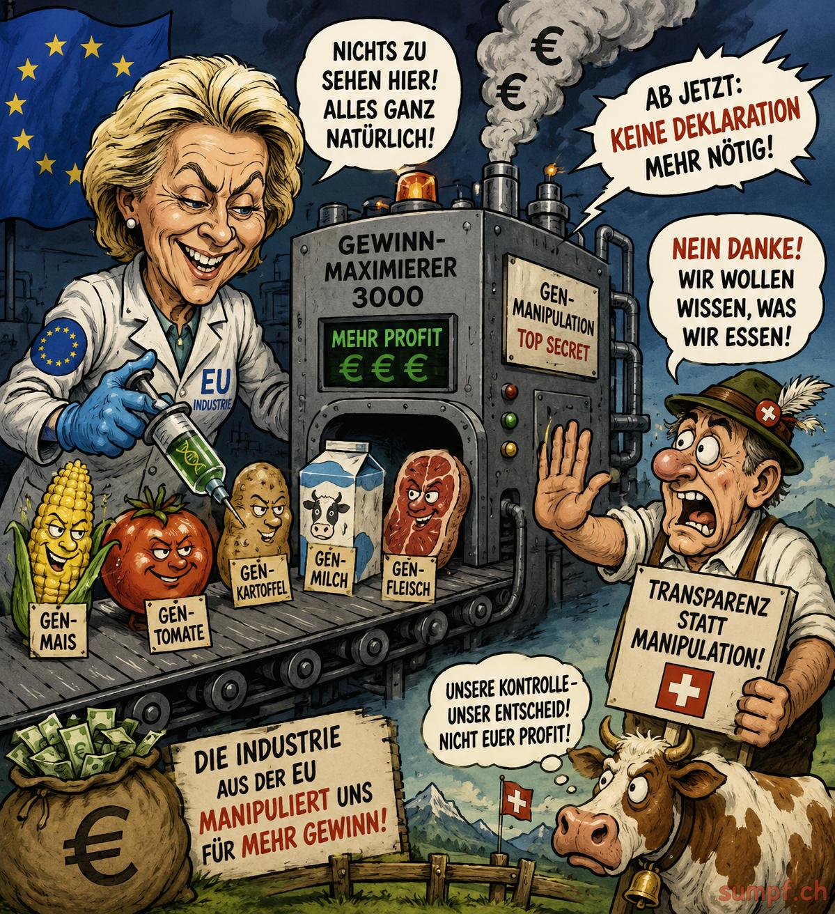 Satire: Eine EU-Industriefigur bedient eine Gen-Maschine, während ein Schweizer Bauer Transparenz fordert.