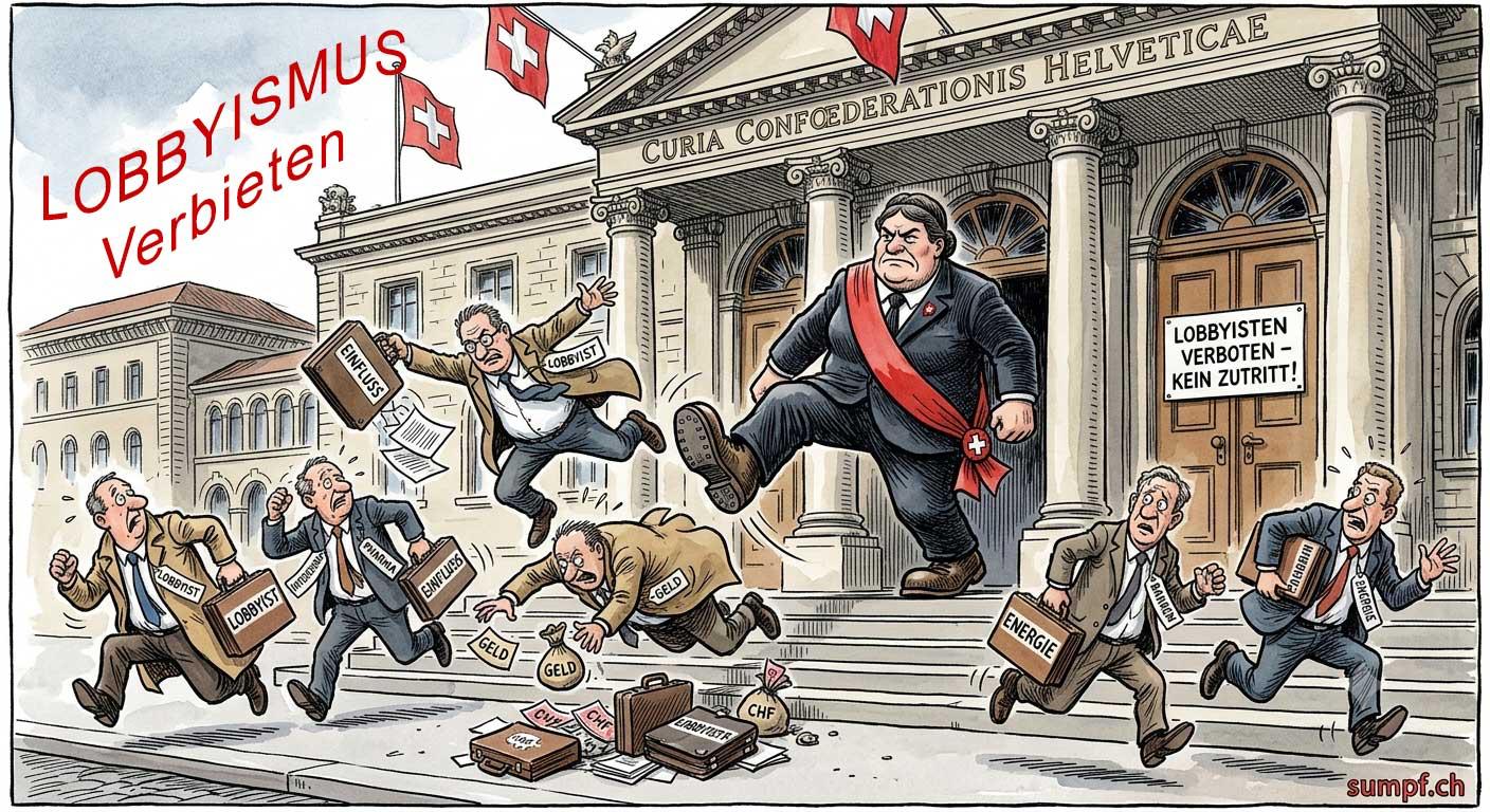 Satire: Eine Schweizer Figur vertreibt Lobbyisten mit Geld und Aktenkoffern aus dem Bundeshaus.