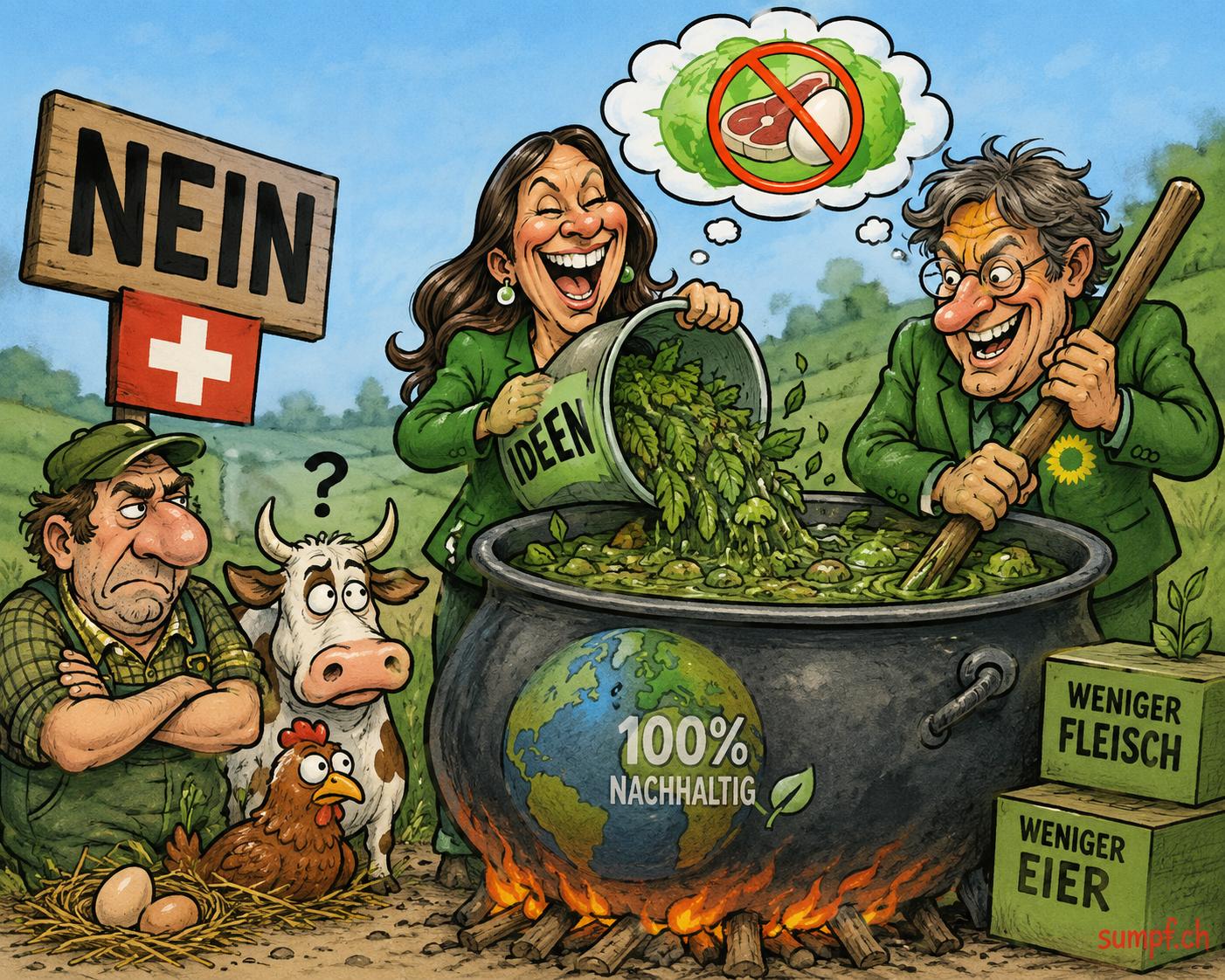 Satire: Zwei grüne Figuren rühren einen Nachhaltigkeitskessel vor einem skeptischen Bauern und Tieren.