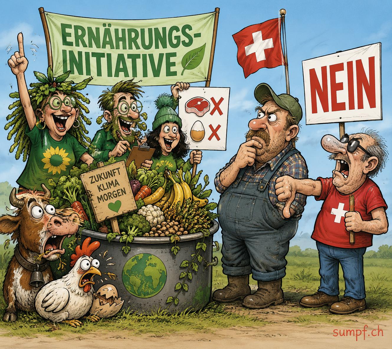 Satire: Befürworter einer Ernährungsinitiative stehen einem Bauern und einem Nein-Schild gegenüber.