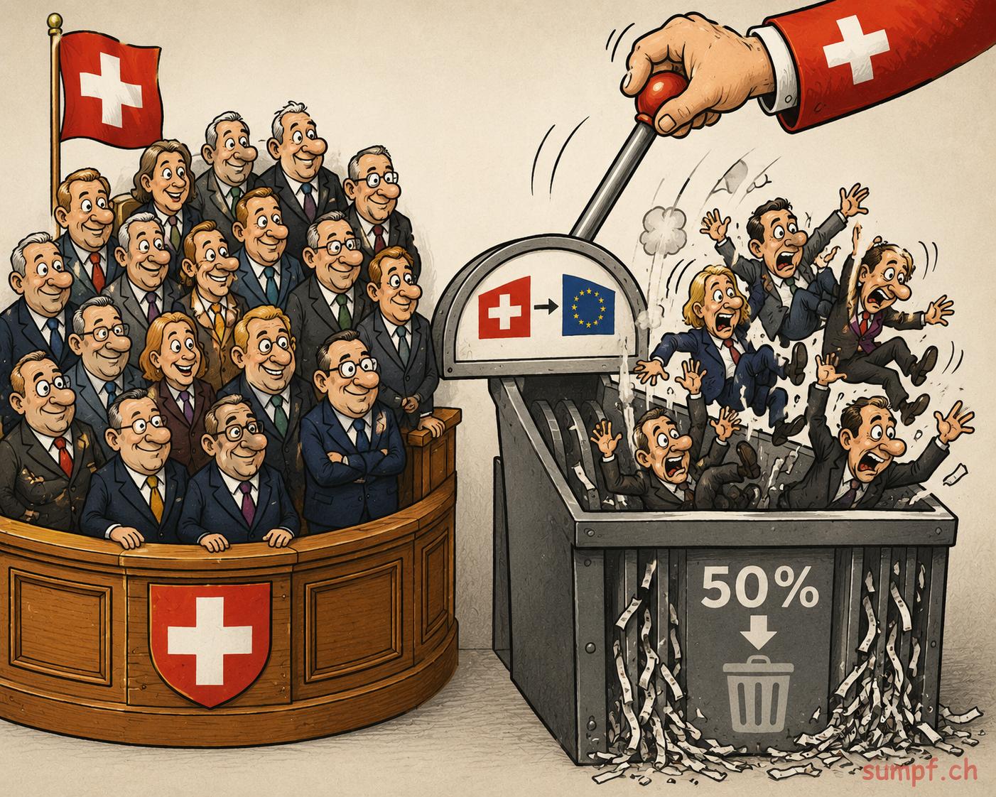 Satire: Ein Hebel mit Schweizer-zu-EU-Symbol befördert Parlamentarier in einen Schredder.