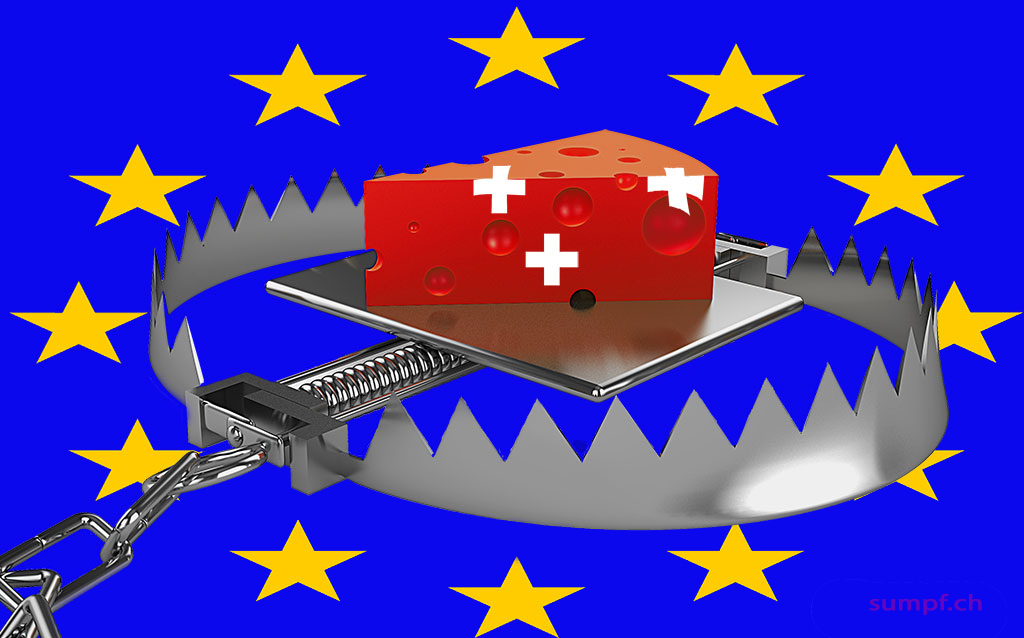 Satirische Illustration: Schweizer Käse liegt als Köder in einer Schlagfalle vor EU-Sternen.