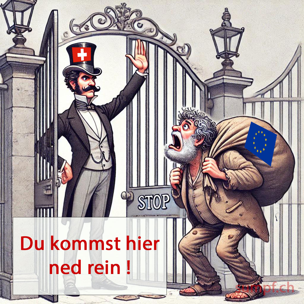 Karikatur: Ein Türsteher mit Schweizer Zylinder weist einen Mann mit EU-Sack am Tor ab.