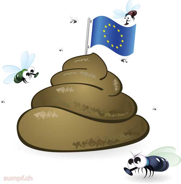 Satirische Illustration: Ein Hundehaufen mit EU-Flagge ist von Fliegen umgeben.