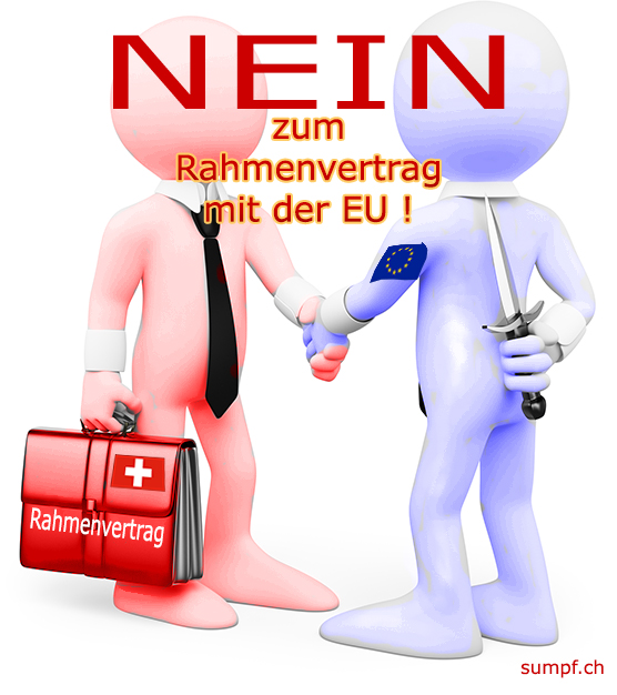Satirische Illustration: Schweizer und EU-Figur geben sich die Hand, während die EU-Figur eine Klinge verbirgt.
