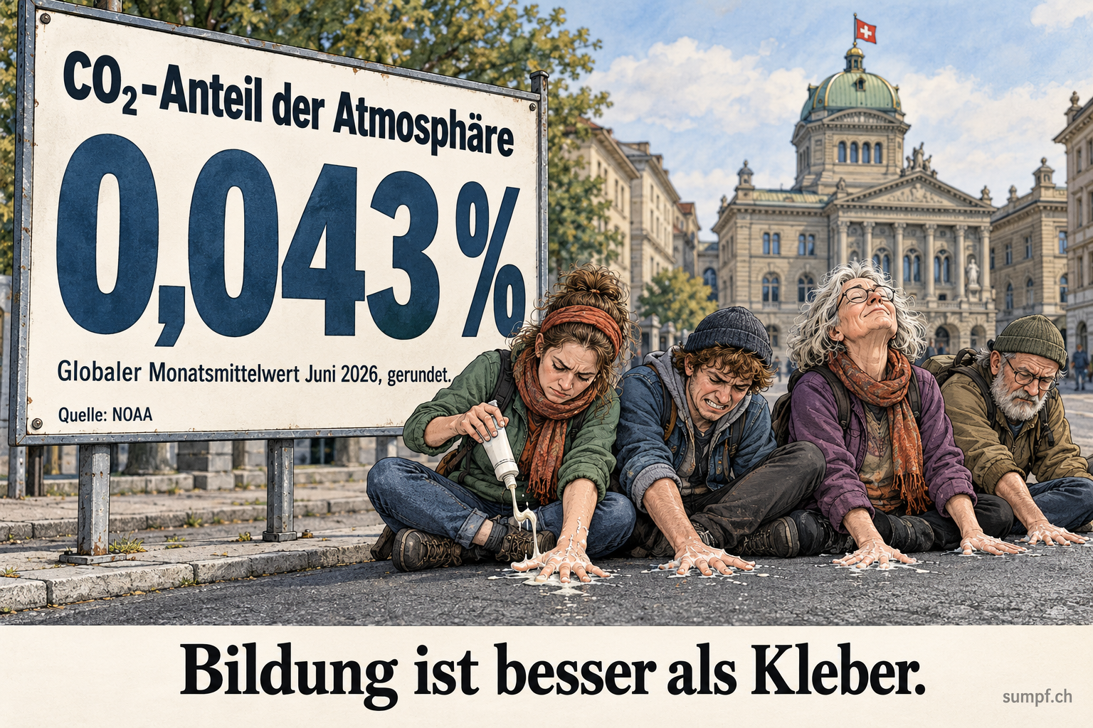 Satire: Vier Menschen kleben vor dem Bundeshaus neben einer Tafel zum CO₂-Anteil am Boden.