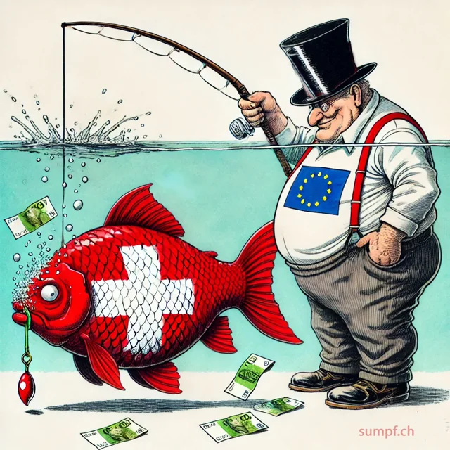 Karikatur: Ein Angler mit EU-Symbol hat einen riesigen roten Schweizer Fisch am Haken.