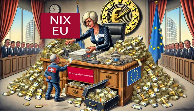 Karikatur: Eine Amtsfigur hinter einem EU-Pult ist von Geldbergen umgeben; davor steht eine kleine Schweizer Figur.