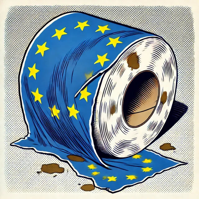 Satirische Zeichnung: Eine Toilettenpapierrolle ist mit der EU-Flagge bedruckt.