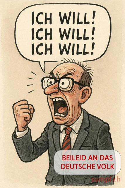 Karikatur: Ein wütender Mann mit Brille ballt die Faust und ruft wiederholt, dass er etwas will.