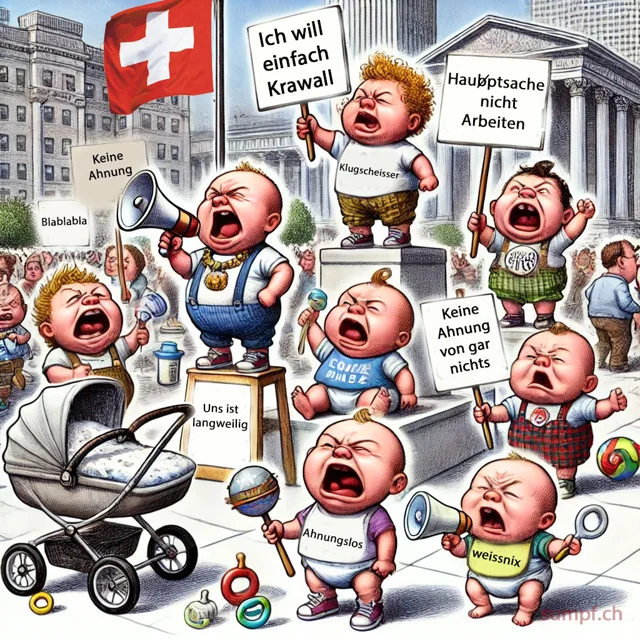 Karikatur: Schreiende Babys mit politischen Schildern demonstrieren unter einer Schweizer Flagge.