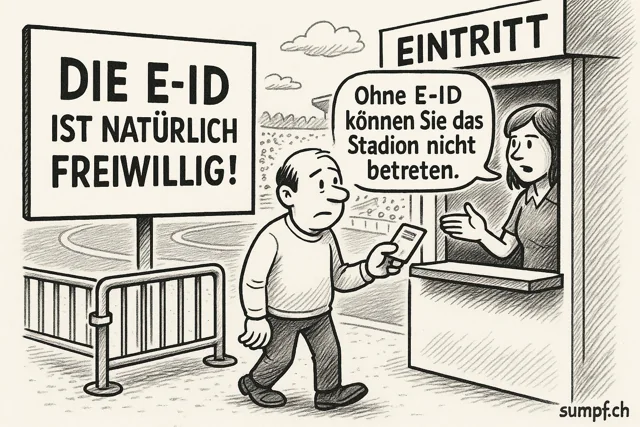 Karikatur zur E-ID: Trotz Freiwilligkeitsschild wird einem Mann der Eintritt ins Stadion verweigert.