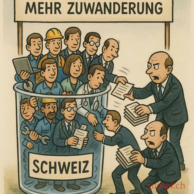 Karikatur: Viele Menschen stehen in einem vollen Glas mit der Aufschrift Schweiz; Anzugträger schieben weitere hinein.