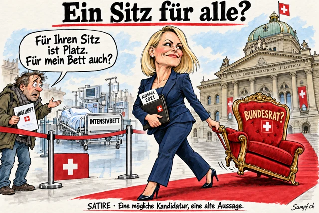 Satire: Natalie Rickli mit Bundesratssessel neben einem abgesperrten Intensivbett.