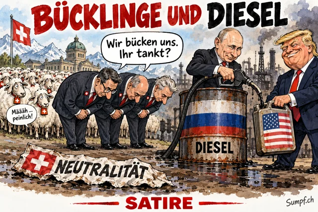 Satire: Schweizer Politiker verbeugen sich mit Schafen, während Putin Trump Diesel abfüllt.