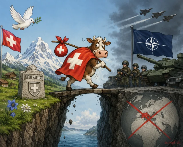 Satire: Eine Schweizer Kuh überquert eine brüchige Brücke zwischen Neutralität und NATO.