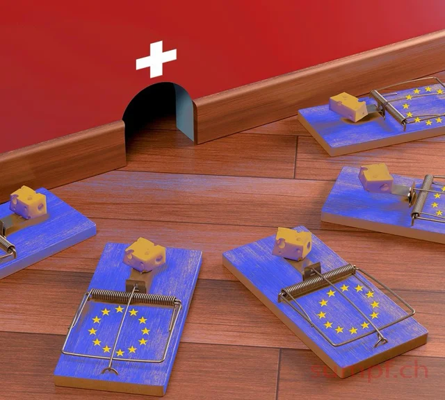 Satire: EU-Mausefallen mit Käse liegen vor einem Schweizer Mauseloch.