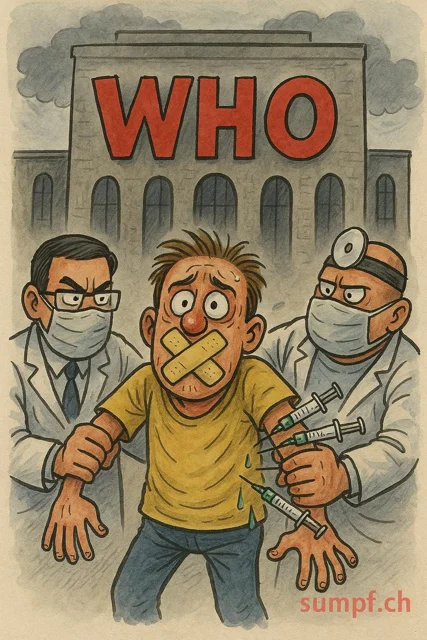 Satire: Zwei Ärzte halten einen Patienten mit verklebtem Mund vor einem WHO-Gebäude.
