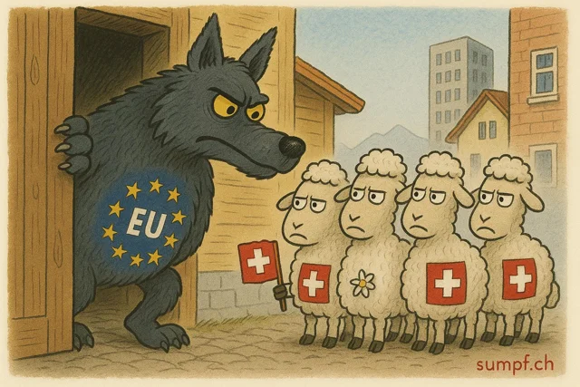 Satire: Ein Wolf mit EU-Abzeichen begegnet Schweizer Schafen vor einem Stall.