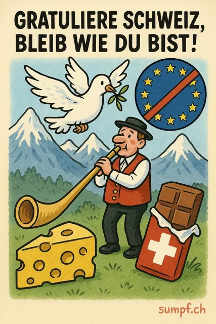 Satire: Alphorn, Friedenstaube, Käse und Schokolade unter einem durchgestrichenen EU-Symbol.