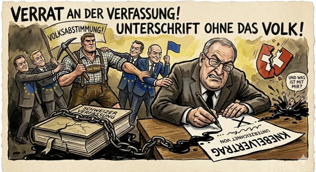 Satire: Ein Politiker unterschreibt neben einer angeketteten Schweizer Verfassung.