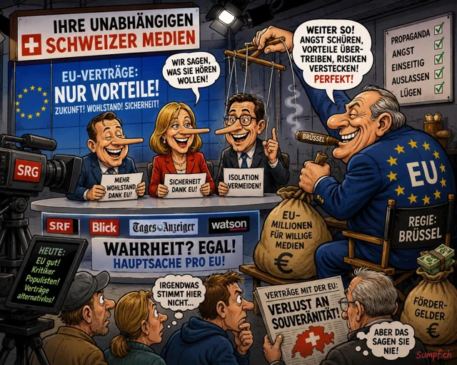 Satire: Ein EU-Regisseur führt Medienfiguren als Marionetten in einem Fernsehstudio.