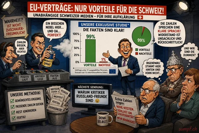 Satire: Ein Studio präsentiert 99 Prozent EU-Vorteile und entsorgt kritische Unterlagen.