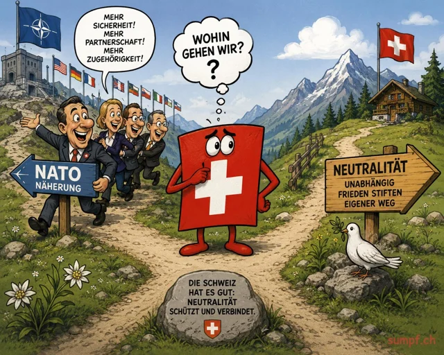 Satire: Ein Schweizer Wappen steht zwischen NATO-Näherung und dem Weg der Neutralität.