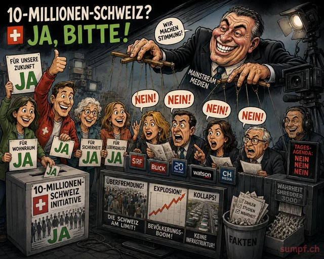 Satire: Ein Medien-Marionettenspieler lenkt Nein-Rufe neben einer Schweizer Abstimmungsurne.