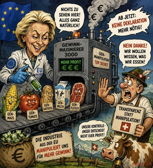 Satire: Eine EU-Industriefigur bedient eine Gen-Maschine, während ein Schweizer Bauer Transparenz fordert.