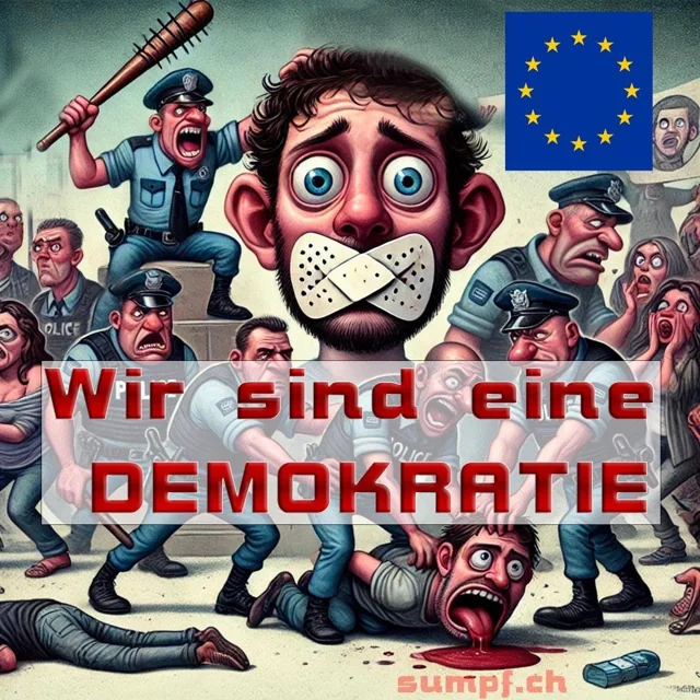 Karikatur: Ein Mann mit verklebtem Mund vor gewalttätig dargestellten Polizisten und einer EU-Flagge.