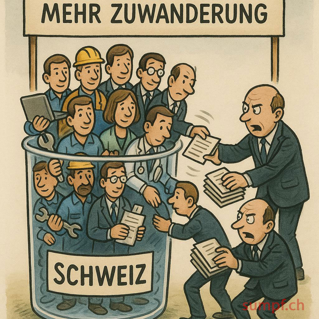 Karikatur: Viele Menschen stehen in einem vollen Glas mit der Aufschrift Schweiz; Anzugträger schieben weitere hinein.